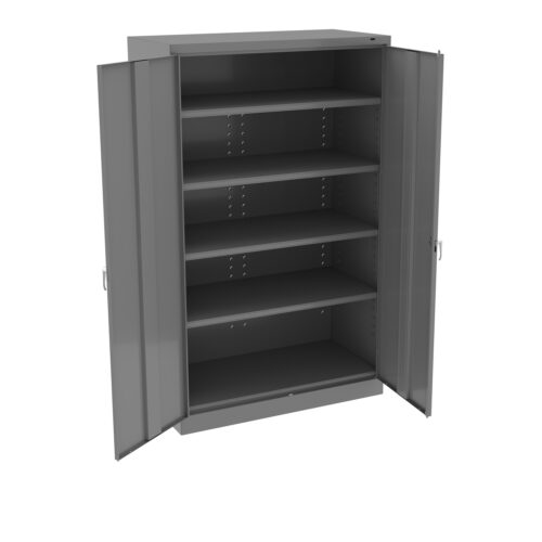A gray metal cabinet with open double doors, revealing five empty shelves inside. The cabinet has a simple, industrial design and appears sturdy and spacious.