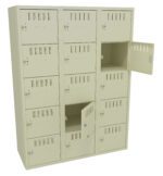 A beige metal locker unit with three columns and four rows of lockers. Each locker has a small vented door with a lock. Two locker doors are open, showing empty compartments inside.