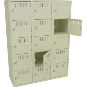 A beige metal locker unit with three columns and four rows of lockers. Each locker has a small vented door with a lock. Two locker doors are open, showing empty compartments inside.