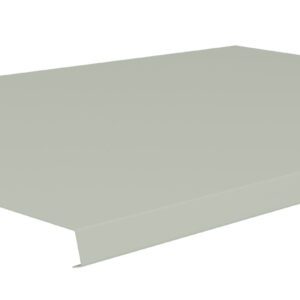 A flat, rectangular, light gray metal sheet with raised edges, viewed from an angle against a white background.