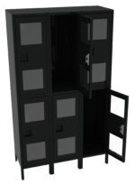 A black metal locker unit with six compartments, two of which are open, revealing empty interiors. Each compartment has a gray window on the door and is supported by short legs.