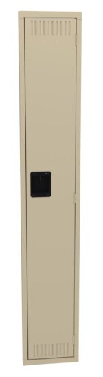 A beige metal locker with a black rectangular handle, standing upright. The locker has small ventilation slits at the top and bottom.