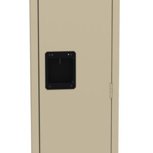 A beige metal locker with a black rectangular handle, standing upright. The locker has small ventilation slits at the top and bottom.