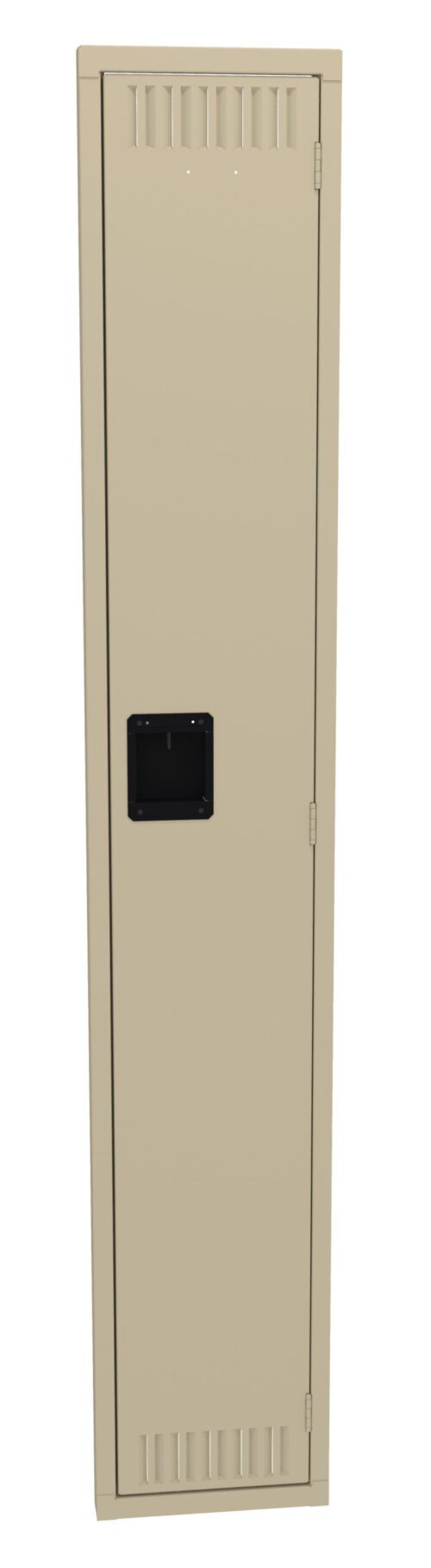 w5kxxxswsfqhwhfxayfx.jpg A beige metal locker with a black rectangular handle, standing upright. The locker has small ventilation slits at the top and bottom.