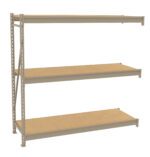 A beige metal storage rack with three wooden shelves. The unit is designed for heavy-duty use, with adjustable shelving heights. Its against a plain white background.