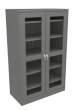 A tall, gray metal storage cabinet with two glass doors, each featuring a handle. The interior has adjustable shelves, visible through the glass. The cabinet stands on a flat base.