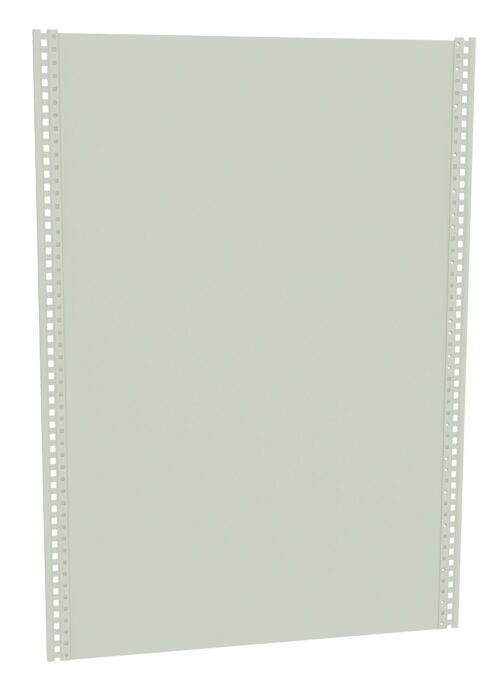 A plain rectangular metal panel with a light gray finish, featuring vertically aligned perforations along both edges, against a white background.