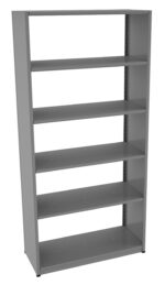 A tall, gray metal bookshelf with six shelves, standing upright. The design is simple and utilitarian, with open sides and a smooth finish.