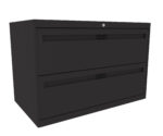 A black, two-drawer lateral filing cabinet with sleek handles and a lock on top. The cabinet is shown at a slight angle, highlighting its modern design.