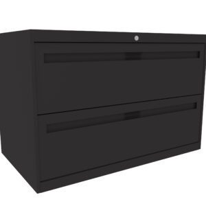 A black, two-drawer lateral filing cabinet with sleek handles and a lock on top. The cabinet is shown at a slight angle, highlighting its modern design.