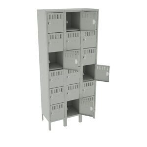 A gray metal locker unit with twelve compartments arranged in three rows. Several compartment doors are open, showing the interior space. The lockers have vents and padlock fixtures.