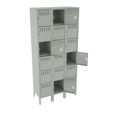 A gray metal locker unit with twelve compartments arranged in three rows. Several compartment doors are open, showing the interior space. The lockers have vents and padlock fixtures.