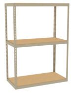 A beige metal shelving unit with two wooden shelves. The frame has perforated sides, allowing for adjustable shelf heights. The design is simple and industrial, intended for warehouse or garage storage use. The background is plain white.