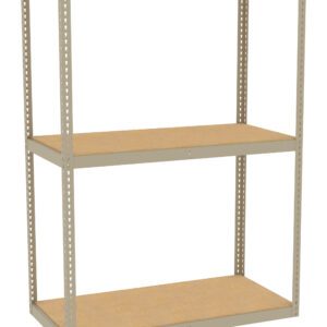 A beige metal shelving unit with two wooden shelves. The frame has perforated sides, allowing for adjustable shelf heights. The design is simple and industrial, intended for warehouse or garage storage use. The background is plain white.