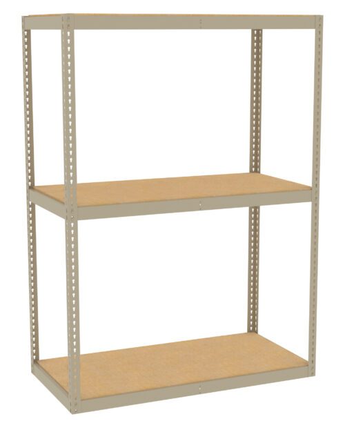 A beige metal shelving unit with two wooden shelves. The frame has perforated sides, allowing for adjustable shelf heights. The design is simple and industrial, intended for warehouse or garage storage use. The background is plain white.