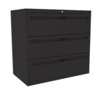 A black three-drawer filing cabinet with a lock on the top drawer. The cabinet has horizontal handles on each drawer.