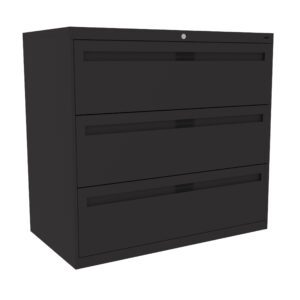 A black three-drawer filing cabinet with a lock on the top drawer. The cabinet has horizontal handles on each drawer.