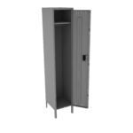 A tall, gray metal locker stands open, revealing an empty interior with a single hook and a top shelf. The locker door is ajar, showing a latch handle. The locker has a simple, industrial design.