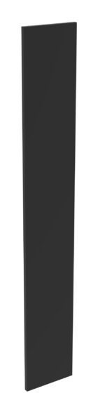 A tall, rectangular black panel is standing vertically against a white background. The panel appears sleek and smooth, with no visible markings or textures.