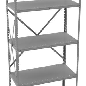 A tall, gray metal shelving unit with five adjustable shelves. The unit has perforated uprights for customizable shelf heights and cross braces for stability. It is empty and stands against a plain white background.