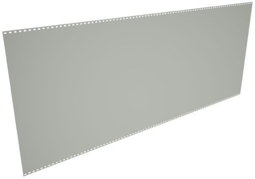 A sheet of perforated tractor feed paper, commonly used in dot matrix printers, displayed diagonally. The paper is light gray, with evenly spaced holes along both long edges for guiding through a printer.