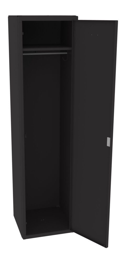 A black, tall metal storage cabinet with one open door, revealing an empty interior. Inside, there is a single horizontal hanging rod. The surface of the cabinet is smooth and minimalistic.