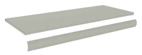 wa7hngjdxft6su7vgmcx.jpg A gray metal shelf panel and its support bracket are separated and displayed against a white background, showing their individual design and structure.