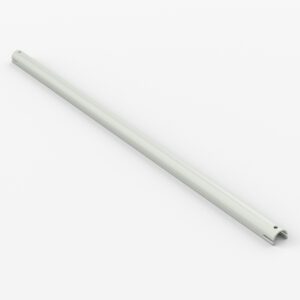 A gray metallic rod with a slightly curved shape rests diagonally on a white background. The rod has rounded ends and a smooth surface, featuring small holes at one end.