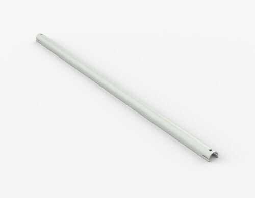 wajeu4c0jlcu97js1rbp.jpg A gray metallic rod with a slightly curved shape rests diagonally on a white background. The rod has rounded ends and a smooth surface, featuring small holes at one end.