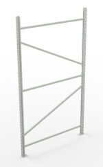 A metal shelving frame stands upright against a white background. It features perforated vertical beams and diagonal supports, forming a sturdy structure. The frame is empty and designed for holding multiple shelves.