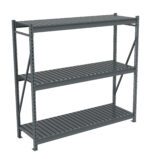 A grey metal shelving unit with three adjustable shelves. The shelves have a slatted design, and the unit includes sturdy support beams for stability. Its set against a plain white background.