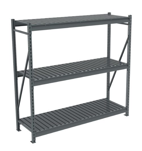 warpmpce6rsgaozjpjsg.jpg A grey metal shelving unit with three adjustable shelves. The shelves have a slatted design, and the unit includes sturdy support beams for stability. Its set against a plain white background.