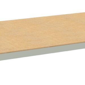 Rectangular wooden shelf with a light beige surface and metal brackets along the edges, viewed from a slight angle.