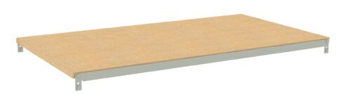 Rectangular wooden shelf with a light beige surface and metal brackets along the edges, viewed from a slight angle.