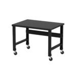 The Borroughs Adjustable Height Workbench, featuring a black painted steel top and caster kit, offers mobility with its 34 in x 48 in dimensions, providing a sleek and functional design for versatile use.