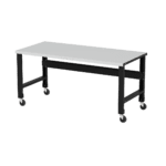 The Borroughs Adjustable Height Stainless Steel Top Workbench, measuring 34 in x 72 in, features a sleek rectangular design and sturdy metal frame. Equipped with a caster kit, its minimalist style is perfect for office or workshop use.