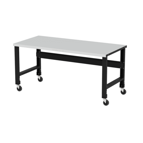 The Borroughs Adjustable Height Stainless Steel Top Workbench, measuring 34 in x 72 in, features a sleek rectangular design and sturdy metal frame. Equipped with a caster kit, its minimalist style is perfect for office or workshop use.