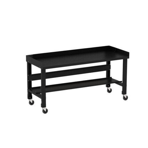 The Borroughs Adjustable Height Workbench, 34 in x 60 in, features a black painted top with a rectangular tabletop and lower shelf. It includes four casters for easy mobility and has back and end guards for safety.