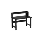 The Borroughs Adjustable Height Workbench features a black painted 28 in x 48 in top, ledge shelf, and straight legs, offering sleek styling with efficient storage on its two shelves and hutch.