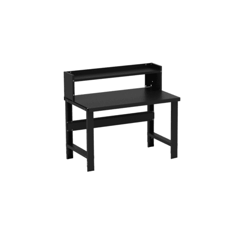 The Borroughs Adjustable Height Workbench features a black painted 28 in x 48 in top, ledge shelf, and straight legs, offering sleek styling with efficient storage on its two shelves and hutch.