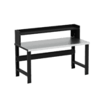 A black desk with a gray tabletop mimics the Borroughs Adjustable Height Stainless Steel Top Workbench with a 28 x 60 ledge shelf, featuring a two-tiered design. It has an elevated shelf, open sides, and sturdy legs for a minimalist and modern look.