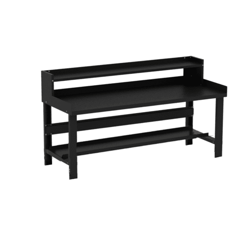 The Borroughs Adjustable Height Workbench, 28 in x 72 in, features a minimalist metal design with back and end guards plus a ledge shelf. Supported by sturdy legs, its ideal for workshops or garages.