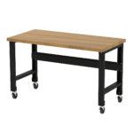 The Borroughs Adjustable Height Hardwood Top Workbench with Caster Kit features a 30 in x 60 in light brown tabletop and sturdy black metal legs, equipped with caster wheels for easy mobility.