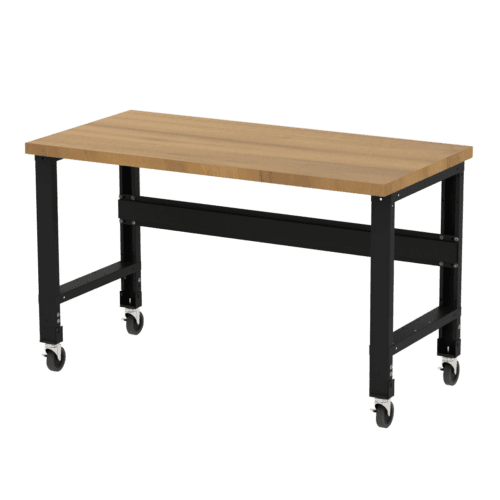 The Borroughs Adjustable Height Hardwood Top Workbench with Caster Kit features a 30 in x 60 in light brown tabletop and sturdy black metal legs, equipped with caster wheels for easy mobility.