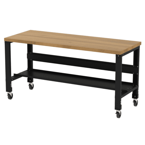 The Borroughs Adjustable Height Hardwood Top Workbench, 30 in x 72 in, features a wooden top, black metal frame, bottom shelf, and caster wheels for mobility. It is sturdy, versatile, and ideal for various tasks with its clean appearance.