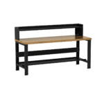 This sleek and modern desk closely resembles the Borroughs Adjustable Height Hardwood Top Workbench with Bottom and Ledge Shelves (30 in x 72 in), featuring a light brown tabletop, black frame, raised back shelf, and sturdy support bars for a perfect blend of style and functionality.