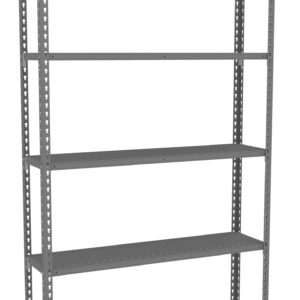 A tall, empty, gray metal shelving unit with five adjustable shelves is shown against a white background. The unit has perforated side supports for flexible shelf positioning.