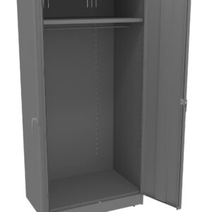 Gray metal storage cabinet with double doors, open to reveal a single hanging rod inside. The left door is slightly ajar while the right door is fully open, showing the plain interior.