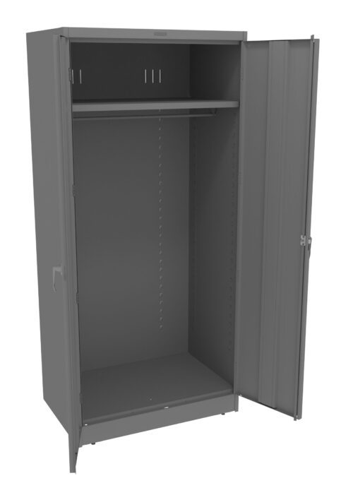 wbcdgvxszv9ytfqkusra.jpg Gray metal storage cabinet with double doors, open to reveal a single hanging rod inside. The left door is slightly ajar while the right door is fully open, showing the plain interior.