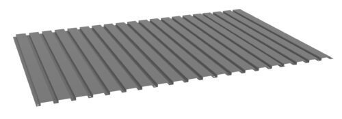 A 3D rendering of a gray corrugated metal sheet viewed at an angle. The sheet has evenly spaced vertical ridges across its surface, resembling a roofing or siding panel.